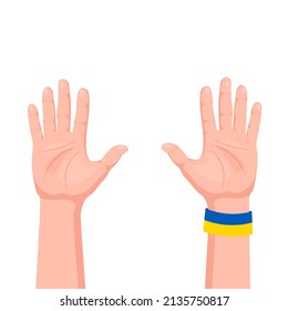 Raised hand with open palm. Ukrainian bracelet with flag colors. Stop war banner. Save Ukraine from russia. Vector illustration isolated on white background.