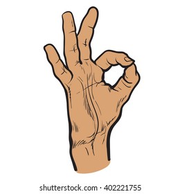 Raised a hand palm to viewer, form O. Male hand represents concept that everything is fine, fingers are doing OK, color sketch illustration