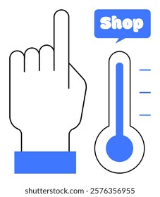 A raised hand pointing up with a thermometer-like icon and a speech bubble with the word, Shop in blue Ideal for e-commerce digital marketing user interface sales and promotions online shopping