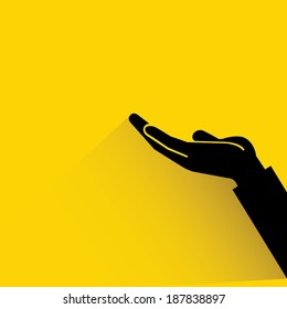 raised hand, request on yellow background, shadow and flat style