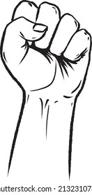 Raised Hand Showing A Fist, A Symbol Of Strength And Superiority, Success, Struggle For Its Dip, Sketch Black And White Illustration, Vector