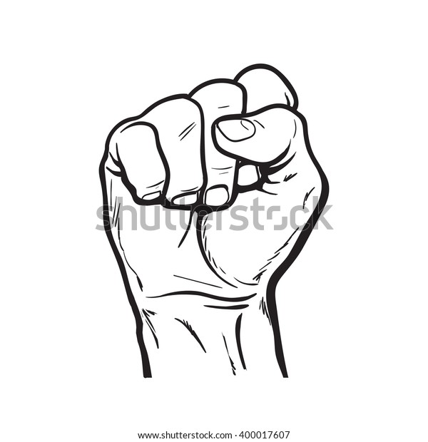 こぶしを示す挙手 力と優越の象徴 成功 くぼみのための闘争 白黒のイラストのスケッチ ベクター画像 のベクター画像素材 ロイヤリティフリー