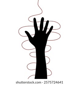 Raised hand with trapped in red tangled strings. Gesture, sign of help and hope