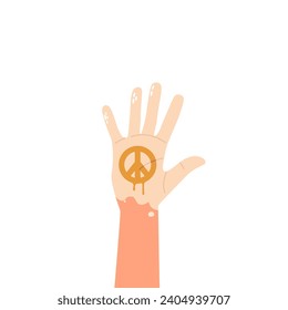 Raised Hand With Vibrant Painted Peace Symbol, Reaches Upward. Vivid Expression Of Harmony And Unity