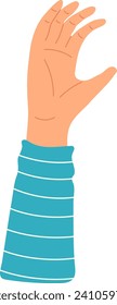 Raised hand wearing blue striped long sleeve shirt. Human hand gesture, palm facing viewer vector illustration.