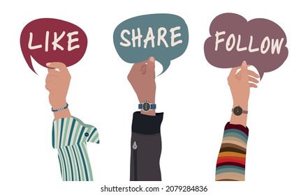 Raised hands and arms of colleagues or friends holding speech bubble with the text -like-share-follow- inside. Concept of communication and sharing on social networks.Recommend following