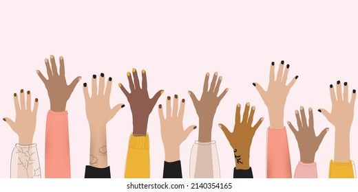 Manos y brazos levantados de mujeres multiétnicas y multiculturales. Contra el racismo, igualdad racial, concepto de feminismo. comunidad y cooperación de mujeres, voluntarias