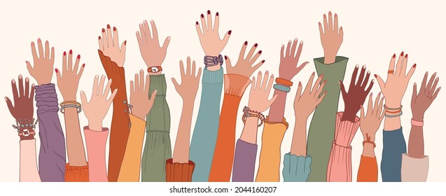 Raised hands and arms of multi-ethnic international multicultural women. Anti-racism racial equality concept. Allyship and sisterhood. Feminism. Women's community cooperation. Women's day