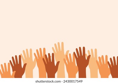 Raised hands banner. Diversity concept with hands. Vector illustration. Volunteer group.