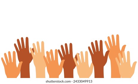 Raised hands banner. Diversity concept with hands. Vector illustration. Volunteer group.