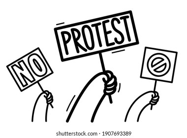 Raised hands with banners showing protest vector flat style illustration isolated on white, social rage and political revolution concept.