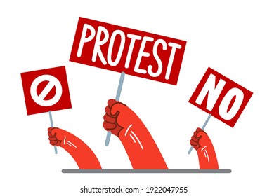 Raised hands with banners showing protest vector flat style illustration isolated on white, social rage and political revolution concept.