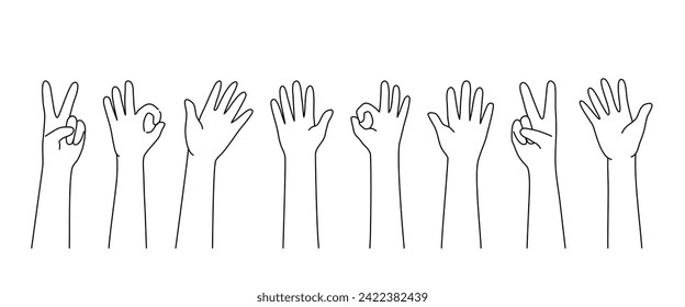 Raised hands in black line drawing, encourage concept.