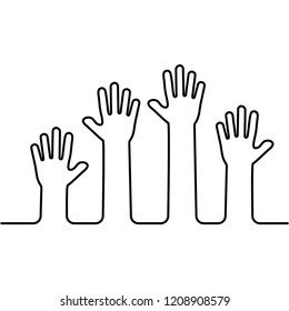 Raised up hands. Business concept. Volunteering. Black outline design. Vector illustration