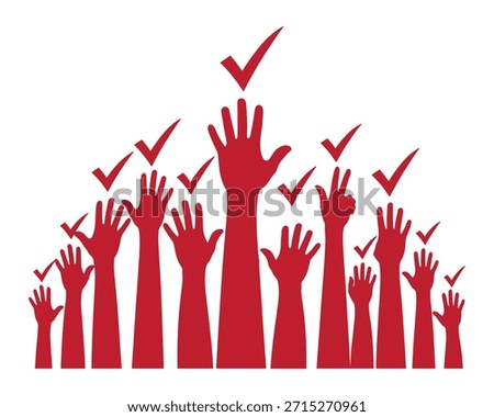 Raised hands with checkmarks vector illustration symbolizing voting, democracy, and agreement. Perfect for election campaigns, political graphics, civic engagement materials