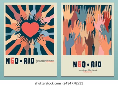 Raised hands in circle of volunteer people around a heart. People diversity. Charitable and donation. Support and assistance. NGO. Aid. Help. Volunteerism. Poster or Banner copy space