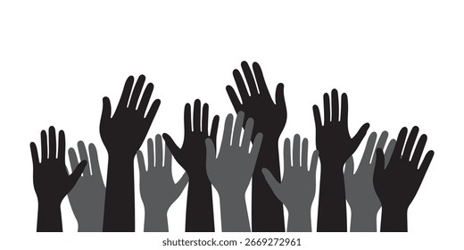 Manos levantadas de una multitud. Participación y unidad