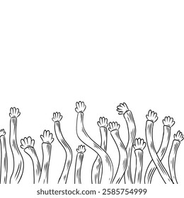 Raised hands of different lengths symbolize unity, diversity, and support. Perfect for social themes, teamwork, volunteering, and community projects.