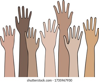 Raised up hands of different nationalities. Concept: voting, unity, volunteers, consent, express opinions, support. Group of multi-colored hands raised together. Isolated on a white. Vector. Flat.