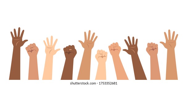 Raised up hands of different nationalities. Concept social poster, banner for human fraternity, solidarity, rights, tolerance day. Demonstration, protest, strike. Flat vector illustration