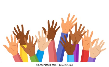 Raised Hands Of Different Race Skin Color Isolated On White Background. Colorful Clothes. Diversity Concept. Vector Illustration.