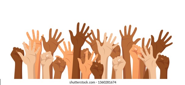 Raised Hands Of Different Race Skin Color Isolated On White Background. Diversity Concept. Vector Illustration.