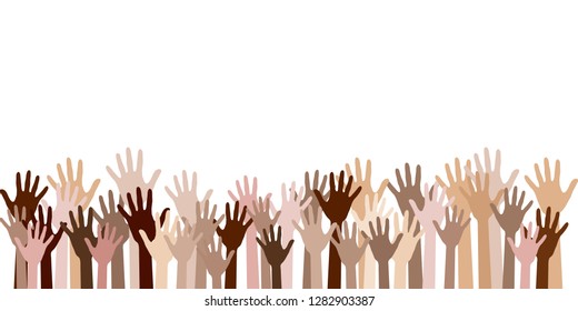 Raised up hands of different skin color vector illustration. Teamwork, collaboration, voting, volunteering concert. Diversity of human hands raised. Charity, crowd, workforce, community concept. 