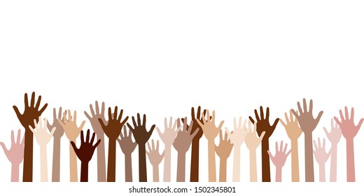 Raised Up Hands Of Different Skin Color Vector Illustration. Teamwork, Collaboration, Voting, Volunteering Concert. Diversity Of Human Hands Raised. Charity, Crowd, Workforce, Community Concept.