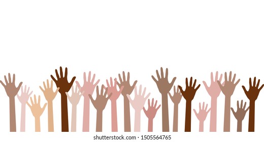 Raised up hands of different skin color vector illustration. Teamwork, collaboration, voting, volunteering concert. Diversity of human hands raised. Charity, crowd, workforce, community concept.