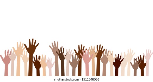 Raised up hands of different skin color vector illustration. Teamwork, collaboration, voting, volunteering concert. Diversity of human hands raised. Charity, crowd, workforce, community concept.