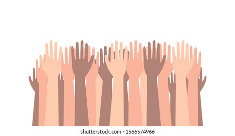 raised up hands of different skin color. concept of charity, crowd, workforce, community of people. diversity collaboration, teamwork, volunteering concert. graphic design on white background