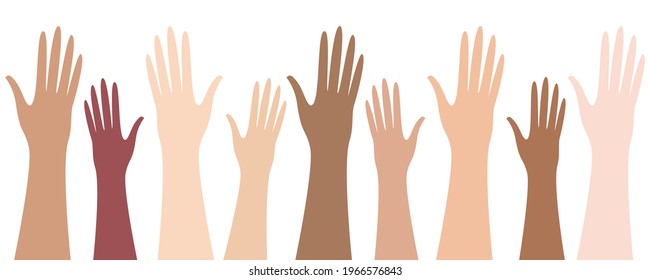Raised up hands of different skin color. Isolated vector illustration on white background