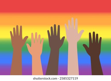 Raised hands with different skin color against the background of the rainbow flag - multiculturalism and diversity.