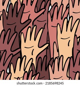Raised hands different skin colour seamless pattern. Equality and diversity, race unity, international community concept. Illustration in flat catroon style