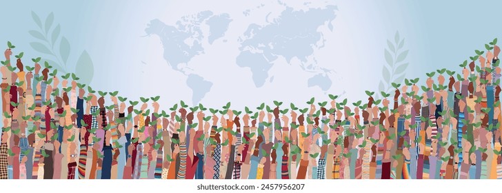 Raised hands of diverse multicultural people holding two green leaves as a symbol of ecology - green and clean environment or green and sustainable energy