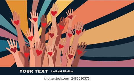 Raised hands. Diverse people holding a heart. Charitable donation and volunteer work. Support and assistance. Multicultural community.Diversity of people. Aid. NGO. Volunteerism. Poster
