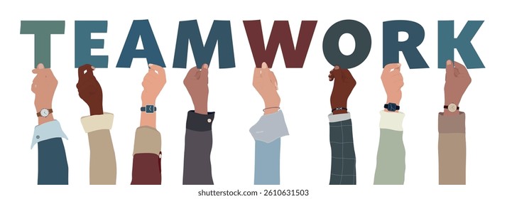 Raised hands of diverse people holding letters forming the word TEAMWORK. Business collaboration concept. Transparent background