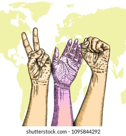 Raised hands with fist on grunge on earth map background. Ink style poster with space for text. Concept of protest, strength, freedom, revolution, rebel, revolt. Vector.