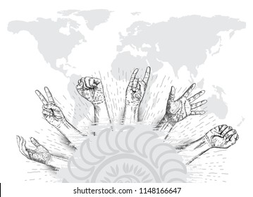 Raised hands with fist on grunge on earth map background. Ink style poster with space for text. Concept of protest, strength, freedom, revolution, rebel, revolt. Vector.