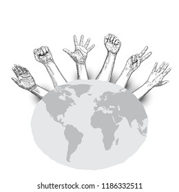 Raised hands with fist on grunge on earth map background. Ink style poster with space for text. Concept of protest, strength, freedom, revolution, rebel, revolt. Vector.