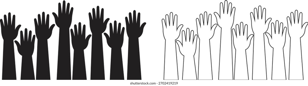 Raised hands flat and line icons set, showing diverse human arm silhouettes black vectors illustration for volunteer support, unity, voting, teamwork, participation, charity and community concept.