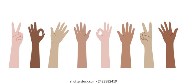 Raised hands flat vector in different color skin, encourage concept.