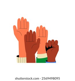 Raised Hands In Flat Vector Illustration Symbolizing Unity, Diversity, Support, And Community, Isolated On White Background