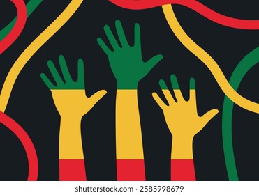 Raised hands in green, yellow and red for equality on a black background