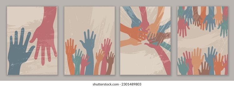 Raised hands group   hands in circle people diverse culture    poster banner  Racial equality People diversity community Creative template landing page design    drawing paint brushes