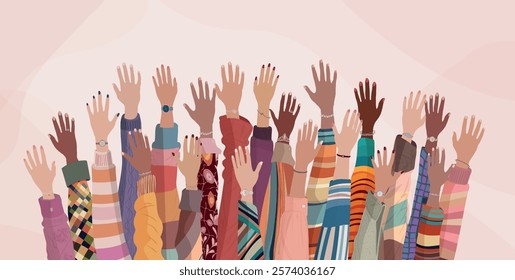 Raised hands of group multicultural women. Diversity - inclusion - equality - girl power or empowerment concept. International women s day