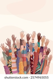 Raised hands of group multicultural women. International women s day. Diversity - inclusion - equality - girl power or empowerment concept