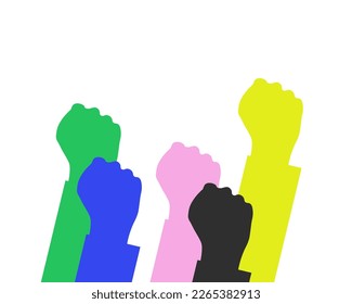 Raised hands. A group of people of different races raised their fists as a symbol of unity, protest, strength or victory, success. The concept of unity, revolution, struggle, cooperation. Vector
