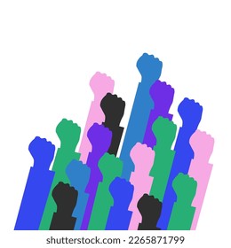 Raised hands. A group of people of different races raised their fists as a symbol of unity, protest, strength or victory, success. The concept of unity, revolution, struggle, cooperation. Vector