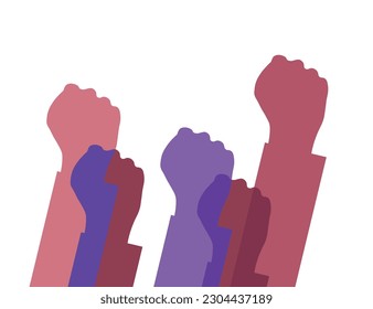 Raised hands. Group of people of different races raised their fists as  symbol of unity, protest, strength or victory, success. Concept of unity revolution, struggle, cooperation. Vector illustration